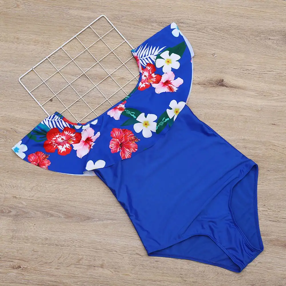 Off-shoulder Swimsuit Floral Print Off Shoulder Monokini Trim Swimsuit for S-shaped Figure Quick Drying One-piece Swimwear