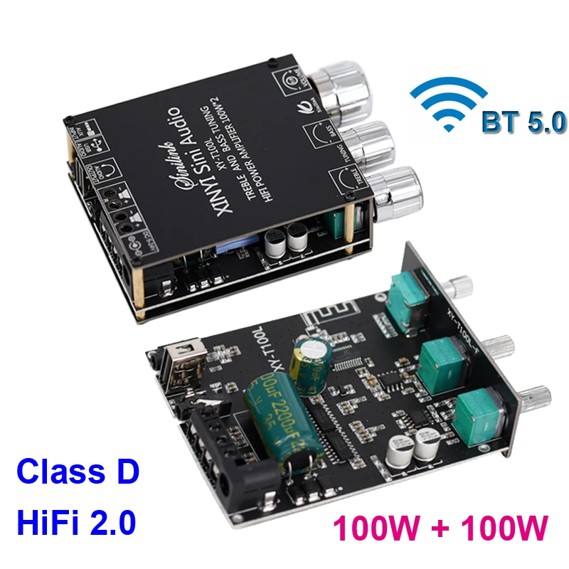 2*100W Power Stereo Amplifier Board BT 5.0 AUX USB 2.0 Channel Class D Home Theater Equalizer Music Receiver Audio Amp