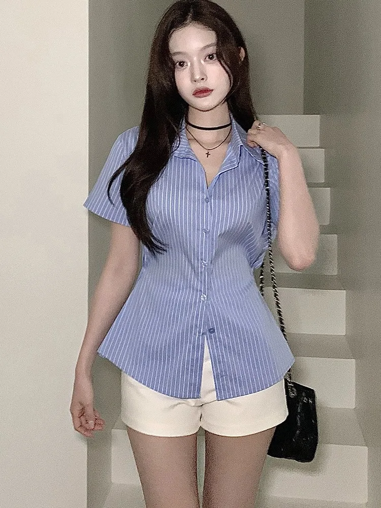 

Slimming Chic ort Sve Women's irt Waist-Cinching Stripe Design Summer New Sle Commute Regular Fit Single Button Closure