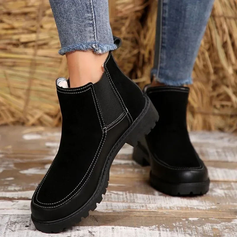 2024 Winter Women Short Plush Warm Snow Boots Casual Shoes  New Suede Fur Chelsea Ankle Boots Flats  Ladies Shoes Botas