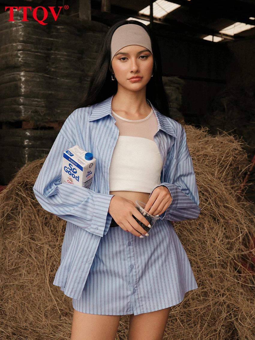 

TTQV Fashion Loose Blue Stripe Cotton Women Two Pieces Set 2026 Elegant Long Sleeve Shirt With High Waist Mini Skirt Set Female