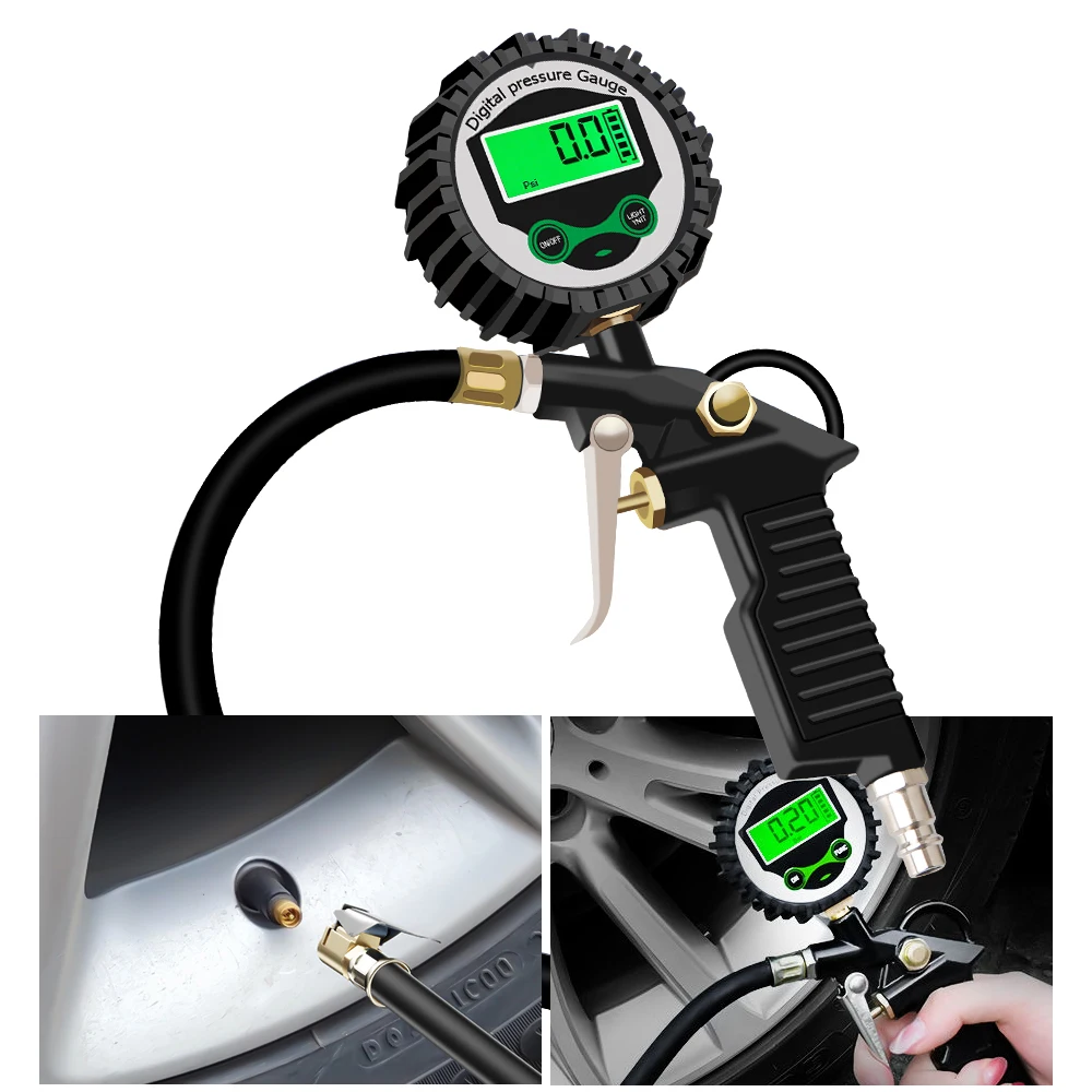 Digital LCD Display Inflation Monitoring Manometer Car EU Tire Air Pressure Inflator Gauge LED Backlight Vehicle Tester
