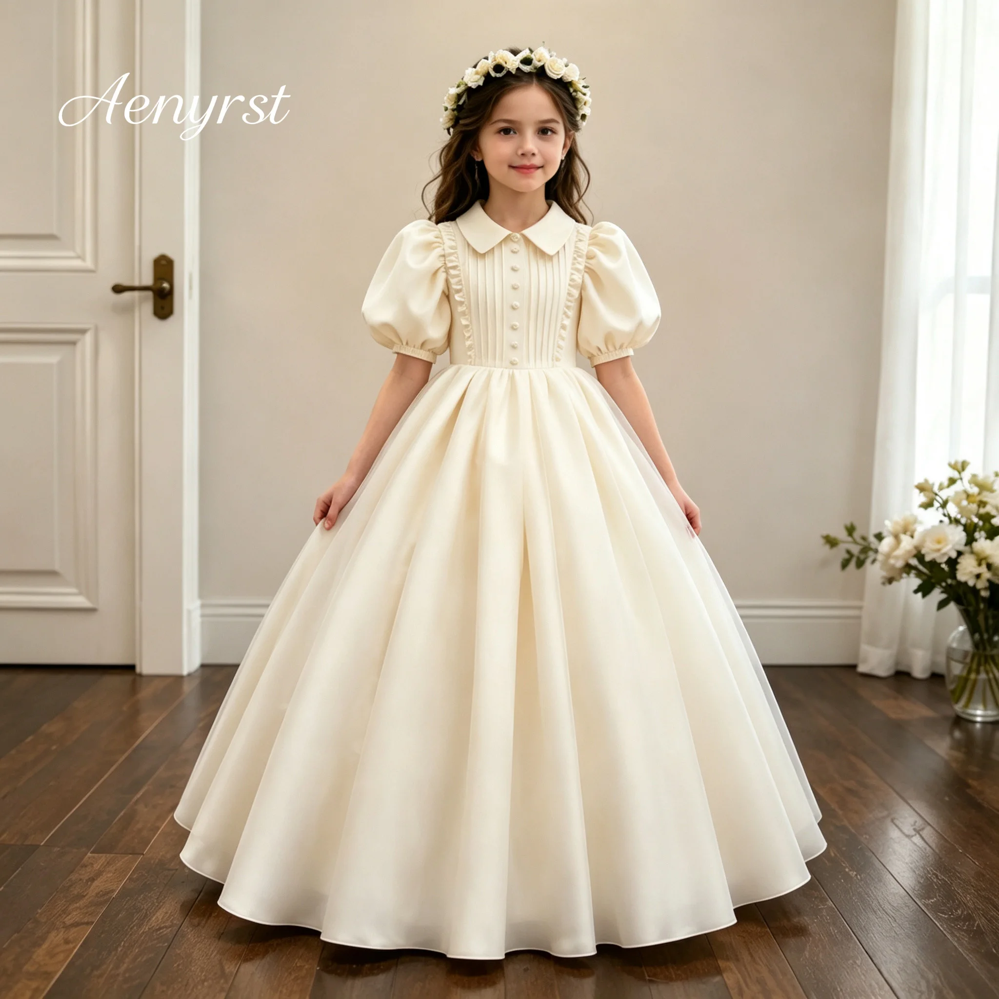 Luxury Cream Satin Flower Girl Gown Elegant Collared Puff Sleeve Pearl Buttons Floor‑Length Kids Pageant Party Dress