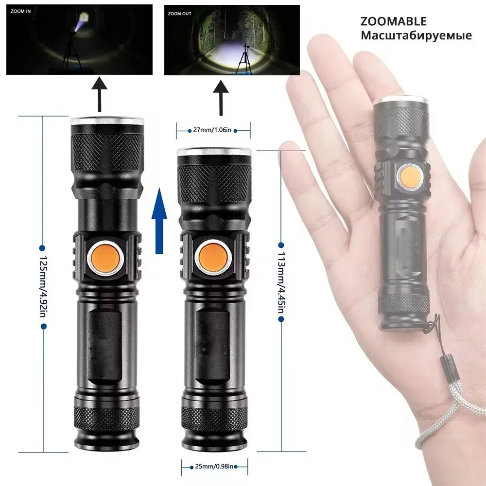 Powerful LED Flashlight With Tail USB Charging Head Zoomable waterproof Torch Portable light 3 Lighting modes Built-in battery