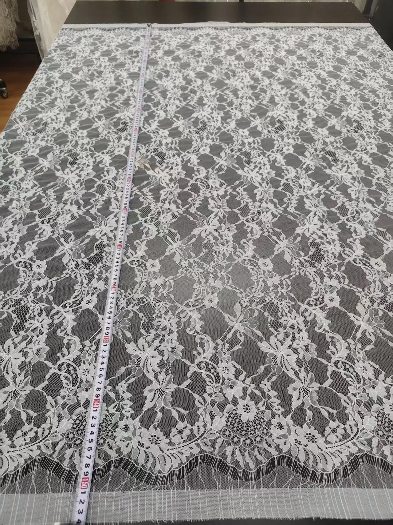 White Floral Embroidered Scalloped Lace, Eyelash Mesh Net Fabric for DIY Wedding Dress, Prom Dress Making and Craft Projects