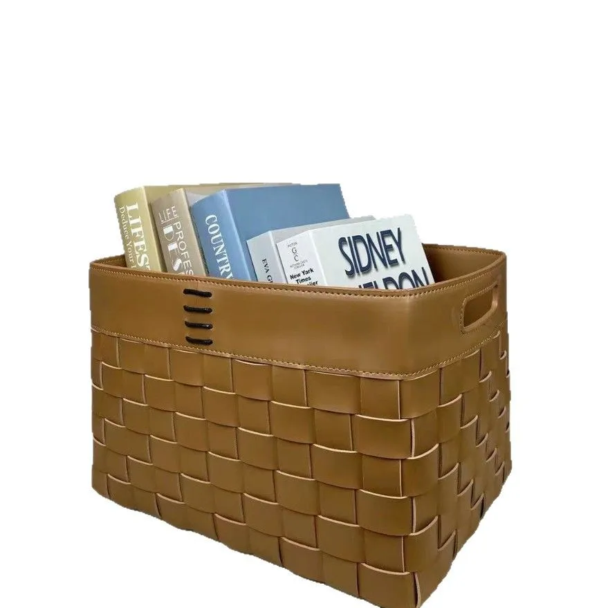 

Handmade leather woven cloakroom soft decoration design furnishings light luxury saddle leather Internet celebrity basket