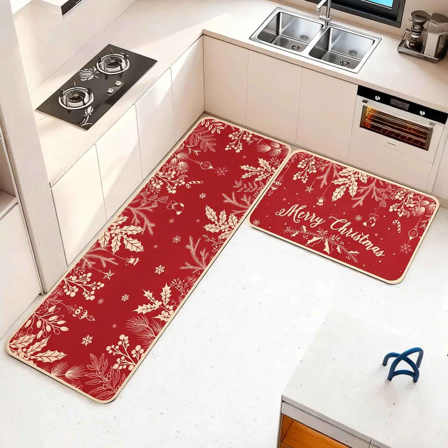 VIKAMA 2-Piece Christmas Decor Kitchen Carpet Interior Red Festive Sliding Doormat Christmas Kitchen Bedroom Farmhouse Decor