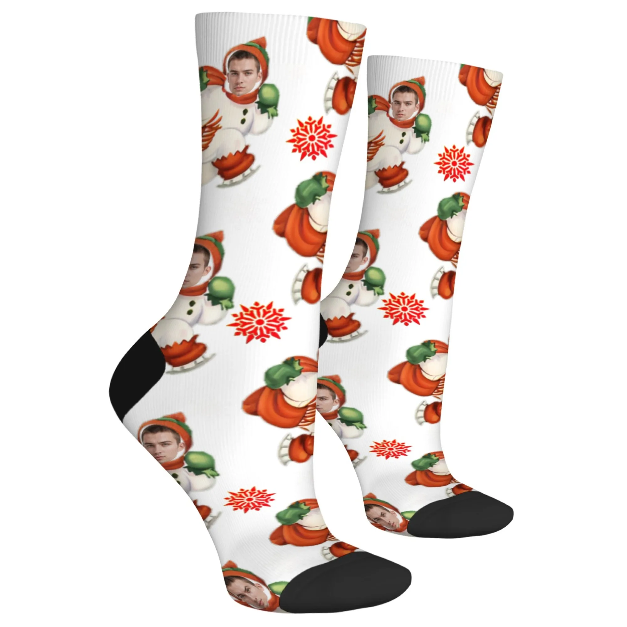 Calzini natalizi con pupazzo di neve con faccia personalizzata bianchi con fiocchi di neve rossi e punta nera Esilarante regalo personalizzato per la celebrazione delle vacanze