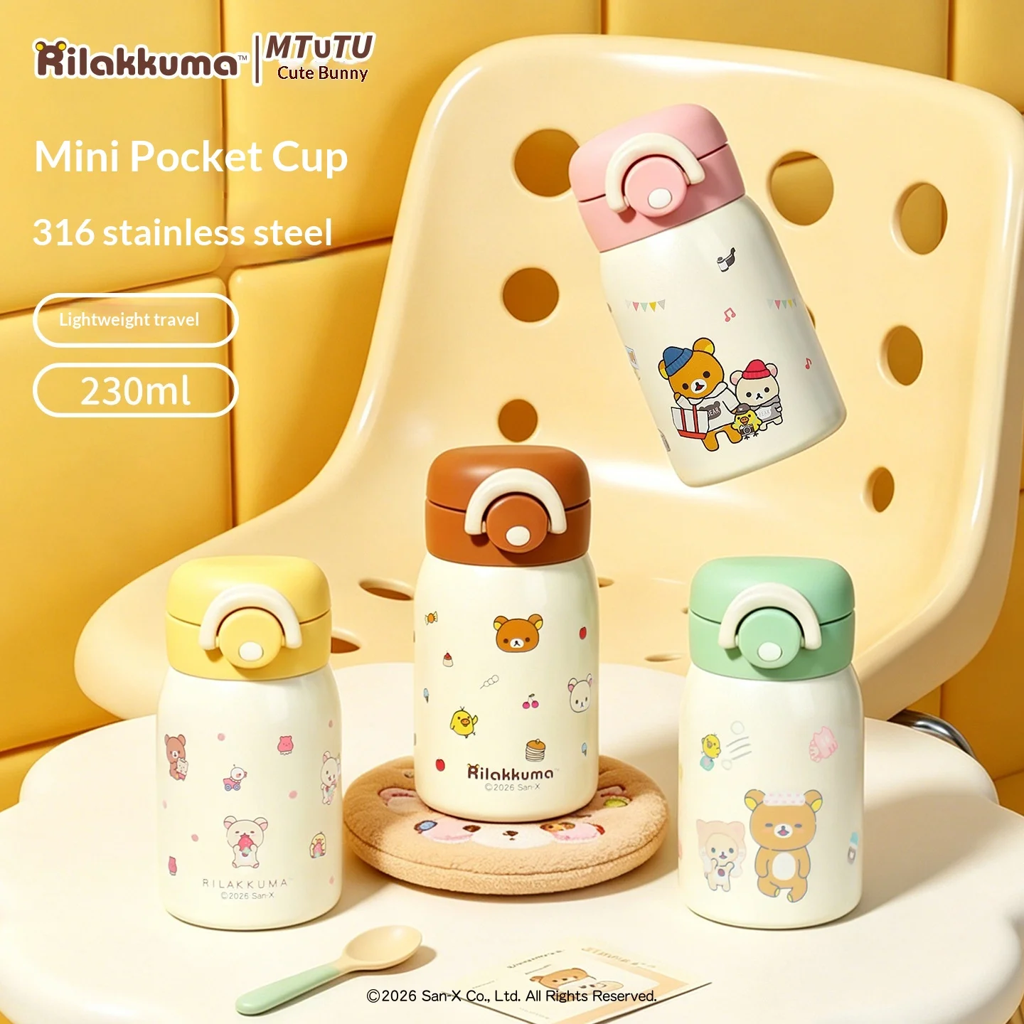 Rilakkuma Thermos Cup Food Grade 316 Stainless Steel 230Ml Portable Large Capacity Bounce Lid Water Mug For Office Travel Men