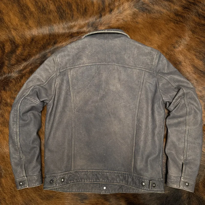Full Grain Layer Calfskin Denim Leather Jacket Retro Casual Versatile Unisex Motorcycle Chaqueta Cuero Moto מעיל אופנוע