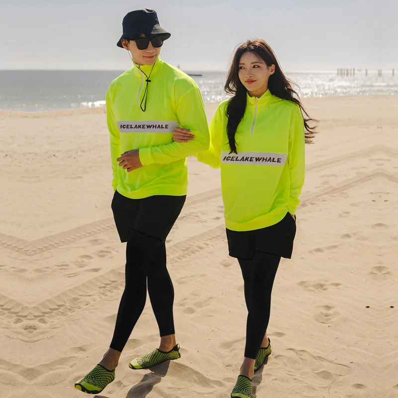 Rash Guard Couples 2024 New Korean Long Sleeve Multi Pieces Swimsuit Neon Yellow Swimwear Female Bathing Suits Surfing Long Pant