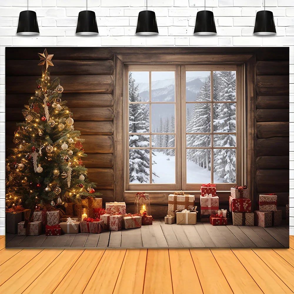 Christmas Tree With Wooden Floor Photography Backdrops Pinecones Snow Fireplace New Year Winter Holiday Party Background DT-28