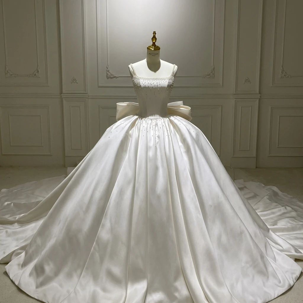 Luxury Square Neckline Satin Ball Gown Wedding Dress Beaded Bowknot Vestidos De Novia  with Court Train Bridal Dress Customized