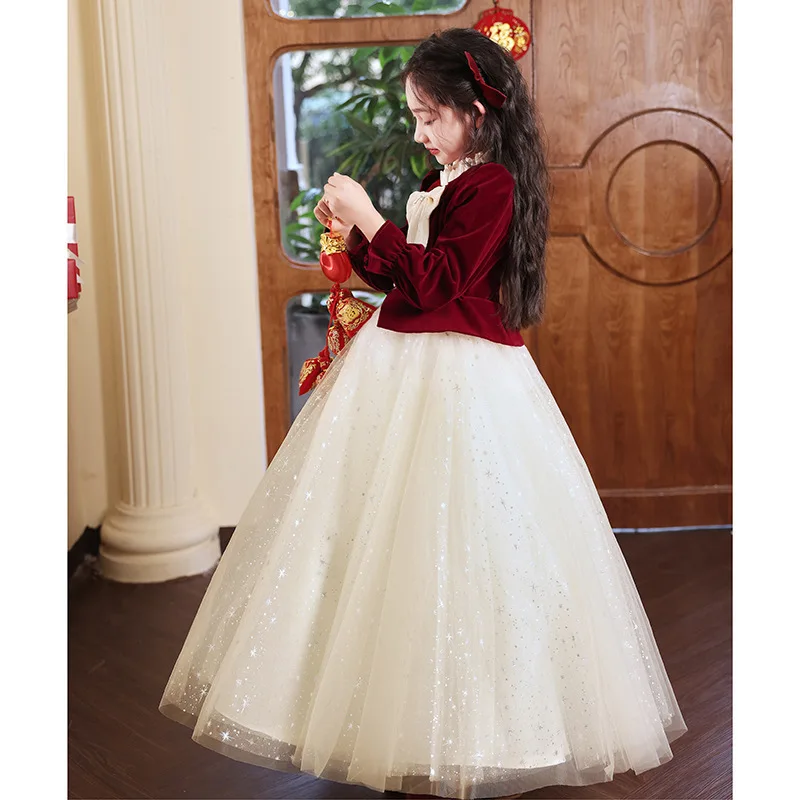 

Children's Formal Dress Princess Dress Long Sleeve Girls' Evening Dress Birthday Red Girl Host Piano Performance Dress Spring Au