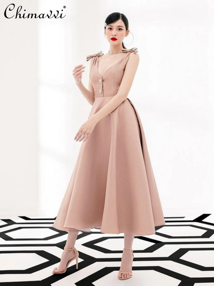 

French Elegant Fashion 3D Bow Straps Diamond Buckle Sexy Deep V-neck Sleeveless High Waist A-Line Satin Evening Long Dress Women