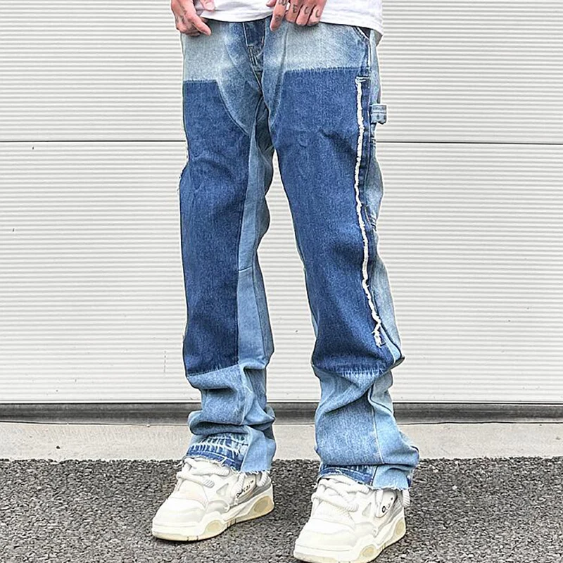 

High Street Patchwork Ripped Black Jeans Pants for Men Straight Retro Casual Sashes Pockets Denim Trousers Oversized Loose Jean