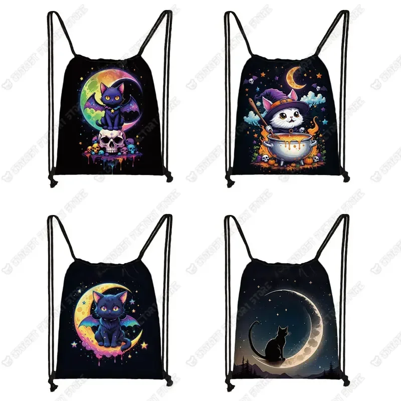 Cute Witch Black Cat Moon Print Drawstring Bag for Travel Witch Kitten Cartoon Backpacks Teenager Bookbag Shoes Holder Gift