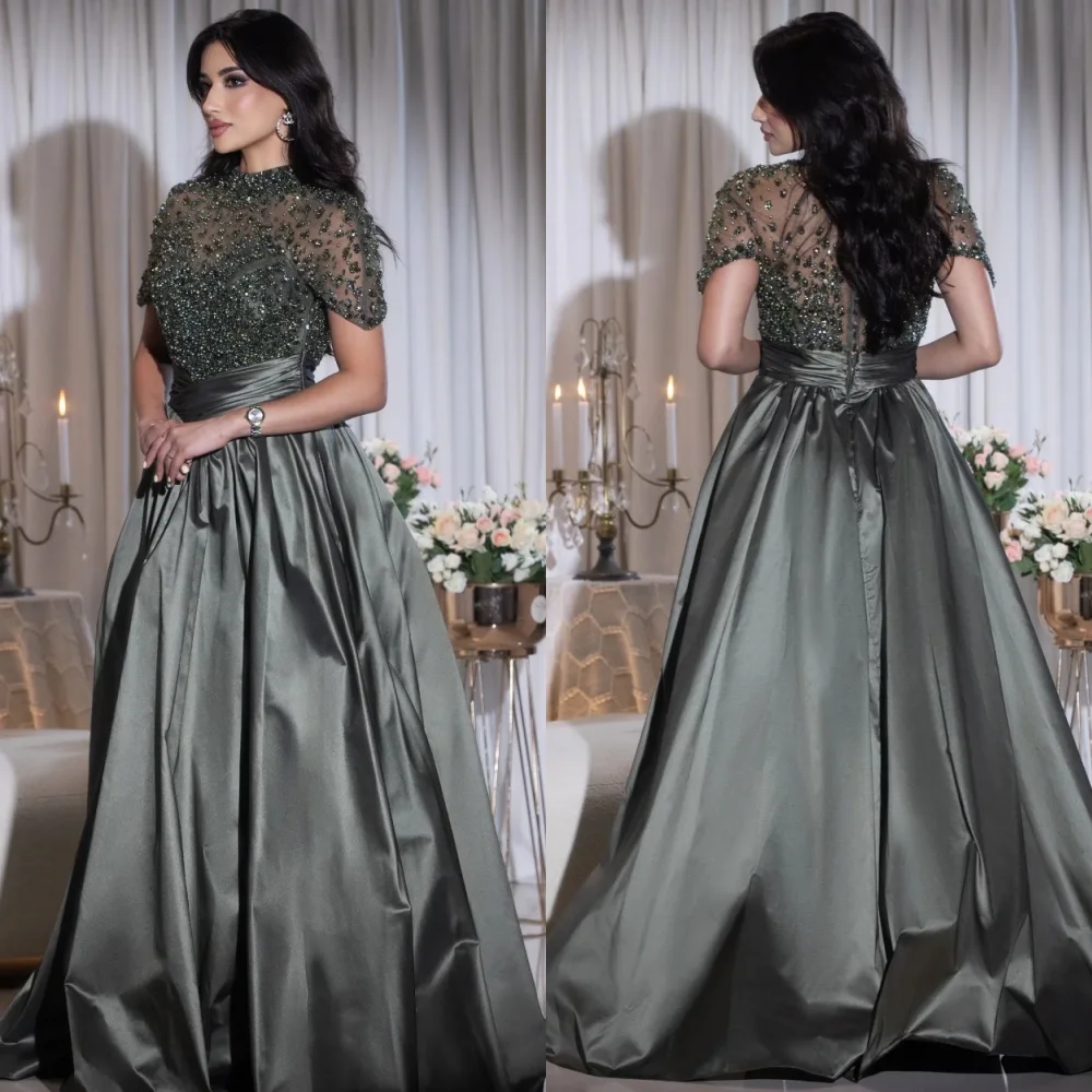 

Customized Fashion Pleat Sequined A-line High Collar Long Dresses Bespoke Occasion Party Exquisite High Quality