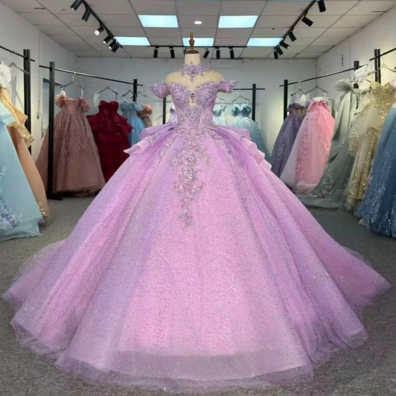 Pink Glitter Quinceanera Dresses Off Shoulder Ball Gown Sweet 16 Dress Applique lace Beading Crystal Tull Corset Birthday Vestid