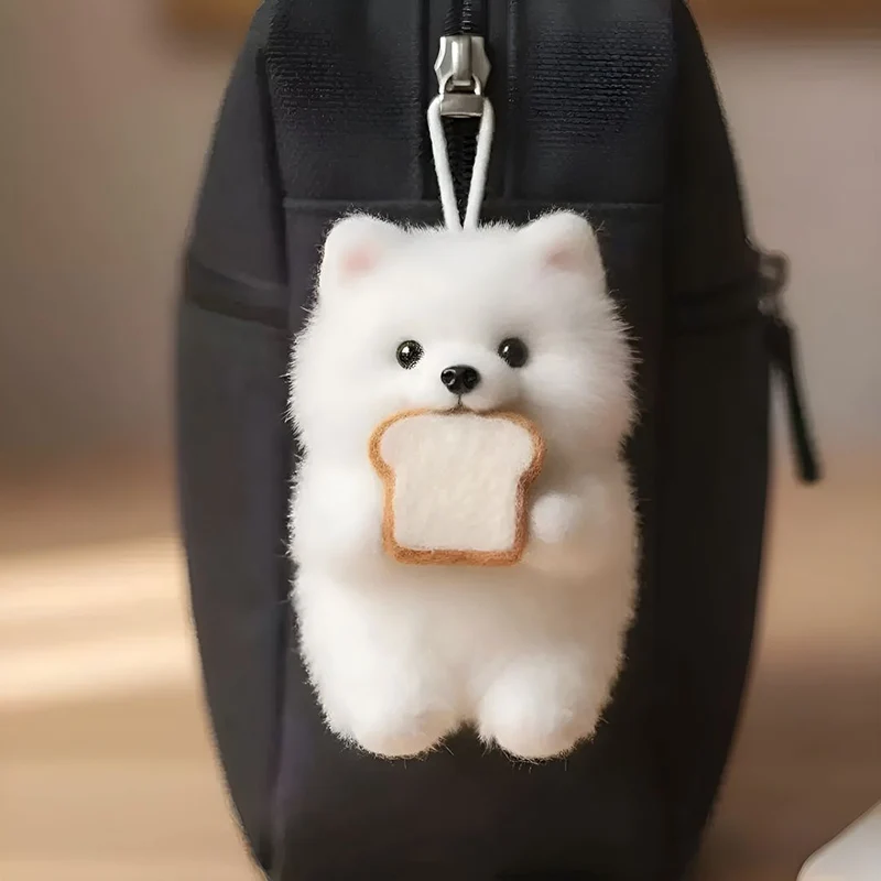 Nowy Brelok Samojed z Chlebem Pluszowa Zabawka Uroczy Mały Piesek Pluszowy Wisiorek do Torby Super Uroczy Wisiorek