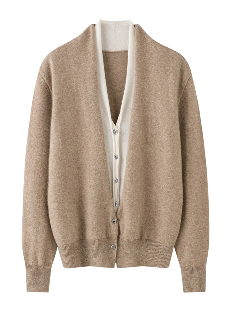 

TLOML New Women 100% Cashmere Knitwear V-neck Cardigan Color-blocked Fake Two-Piece Design Autumn Winter Office Lady Comfy Tops
