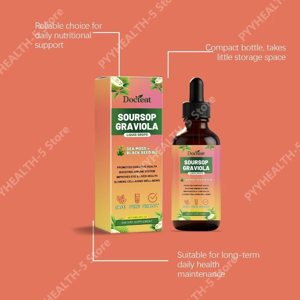 Docteat Soursop Graviola Liquid Drops with Sea Moss and Black Seed Oil, Elderberry, Vitamin D3, 60 Ml Net Contents, 30 Servings