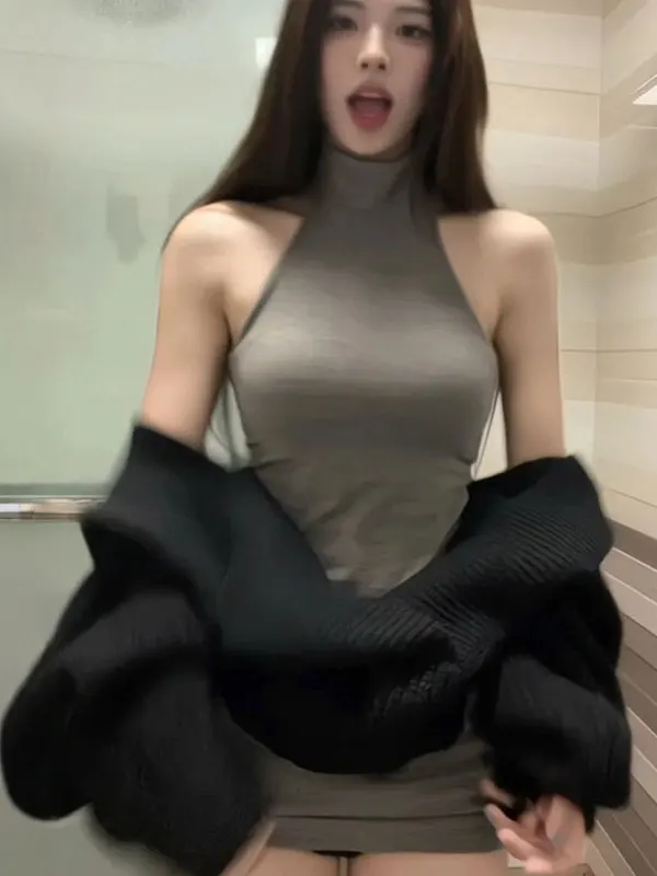 

Sexy Spicy Girl Style Retro American Sweater Vest Dress Elegant Whole Set OOTD Spring Outfit Comfortable Long Sleeve V-Neck