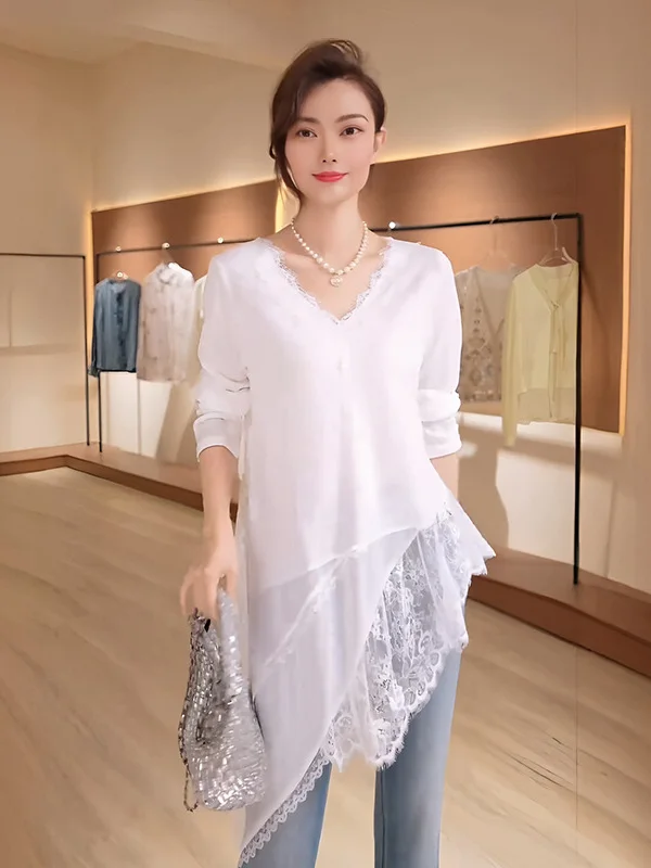 plus Size Women's Irregular Lace Splicing V-Neck Long Sleeve T-Shirt Autumn New Style Fat MM Butt Cover Design Sense Top