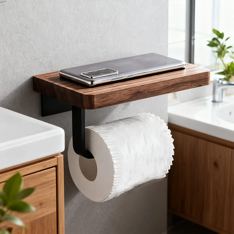 حامل ورق المرحاض الخشبي الحمام جدار جبل WC ورقة حامل هاتف الرف تخزين منشفة لفة الرف الملحقات #4