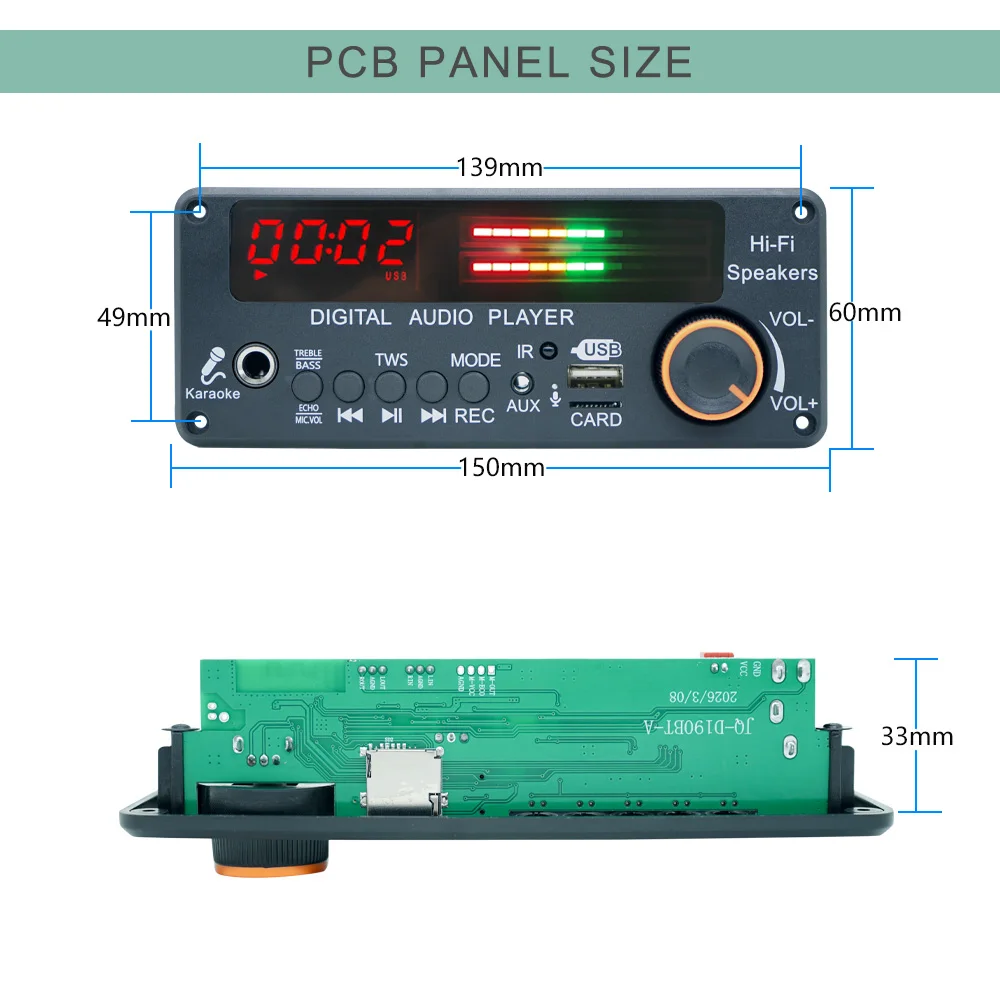 KEBIDU Bluetooth 5.3 MP3-Decoder-Board Auto TWS Kabelloser MP3-Player DC 12V DIY Home Audio Modul mit Mikrofon USB TF FM-Radio für Lautsprecher – Detail 8