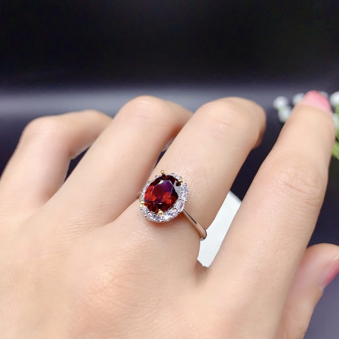 Natural garnet necklace ring earrings, simple set, from Mozambique region, 925 silver inlaid, simple and delicate gift for women