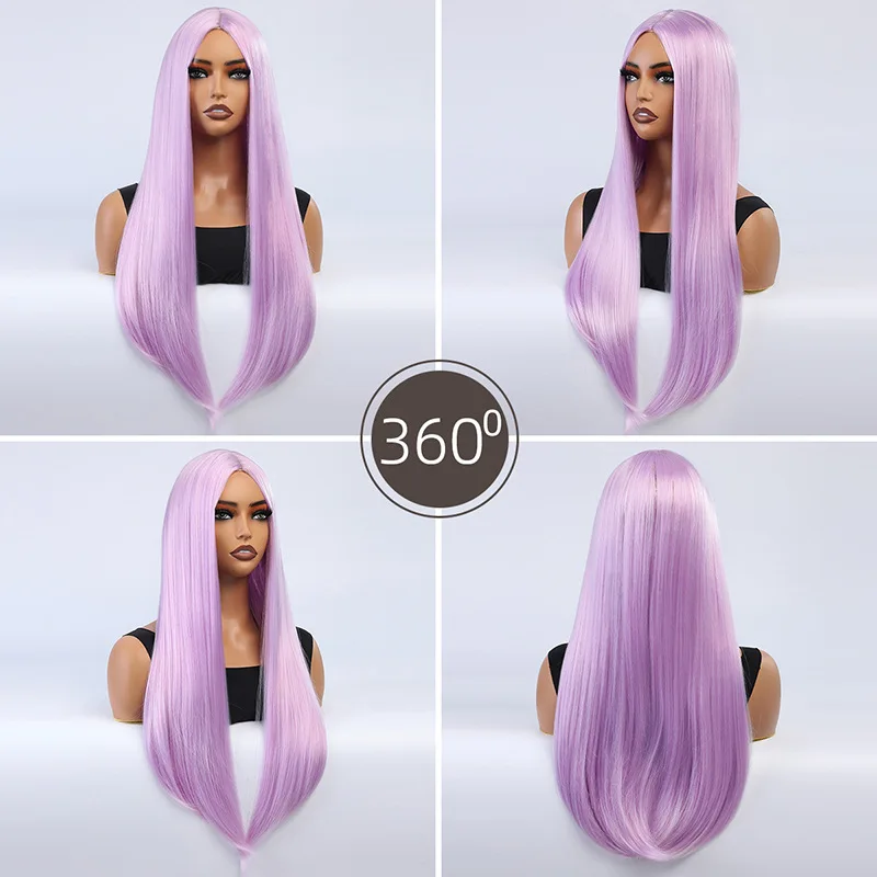 Cross Border European and American Wig, Violet Long Straight Hair Headband, Women's Halloween Wig-Synthetic Fiber Wig