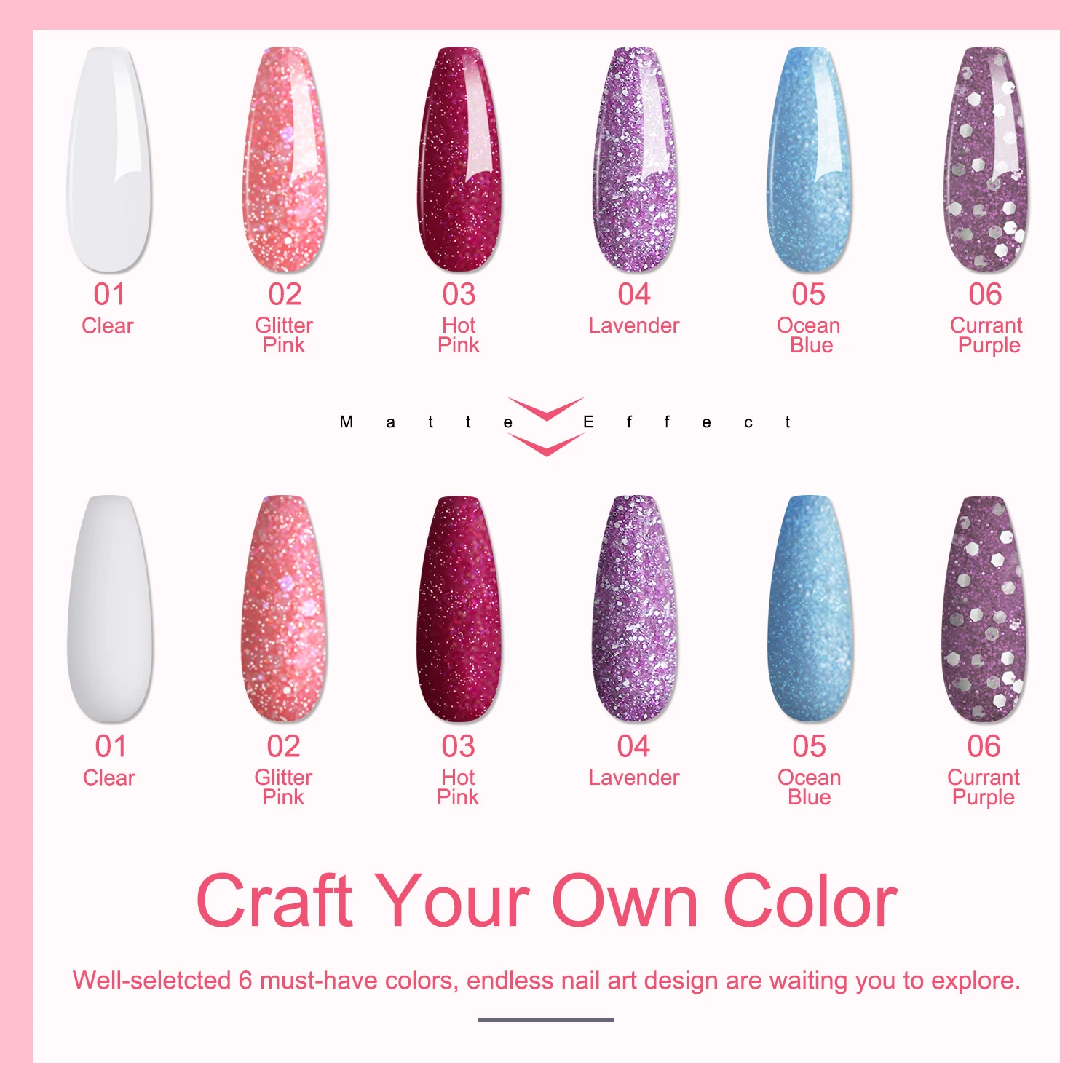 6 ชิ้นขนาดใหญ่ความจุ Glitter สีชมพูสีม่วงสีฟ้าสี Air Dry Dipping Powder Set ยาวนานสําหรับเล็บ Art Design