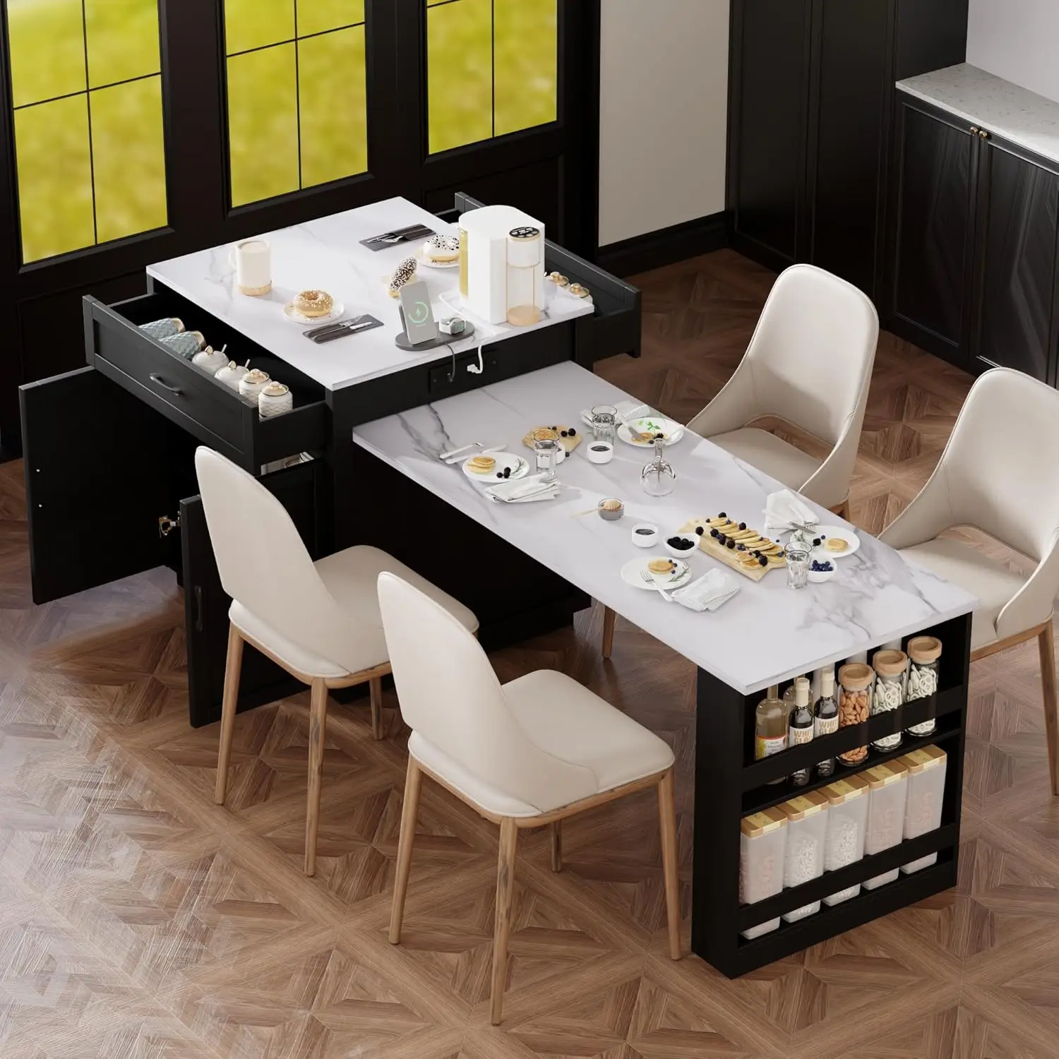 82.7'Faux Mable Kitchen Island with Double-Sized Storage, Kitchen Island with Extendable Dining Table for 4-6 Person