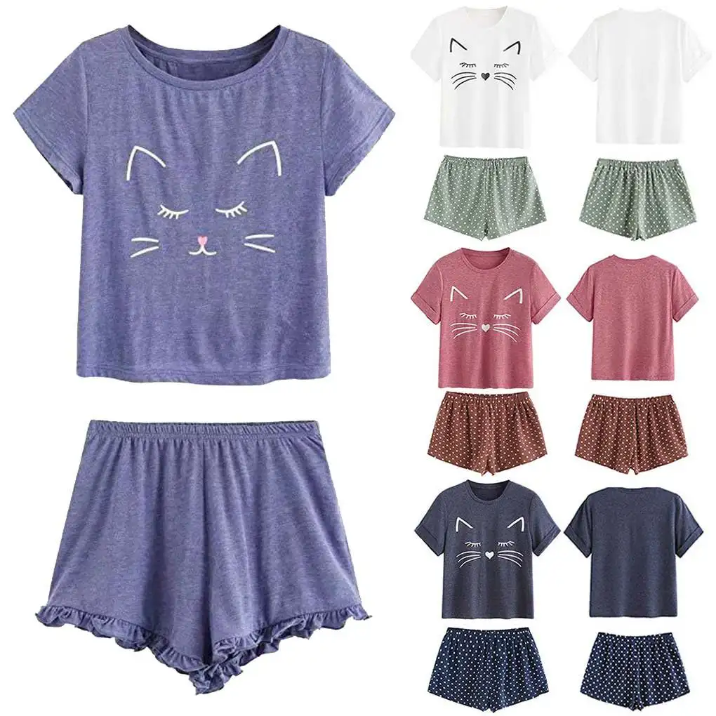 طقم ملابس نوم كاجوال للسيدات، بيجامة بأكمام قصيرة، شورت علوي كارتوني