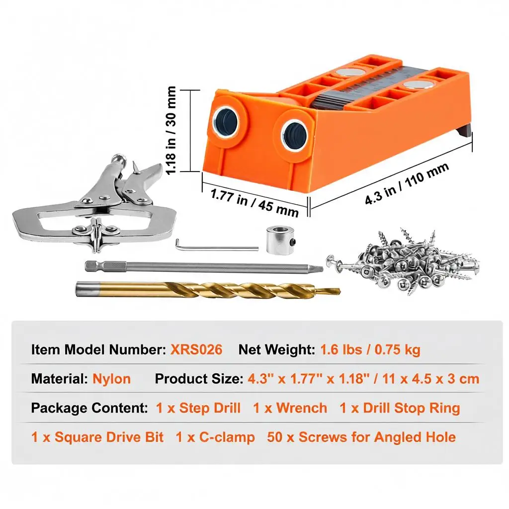 

Набор для сверления карманов (Pocket Hole Jig), 56 предметов: мини-система для сверления карманов с 9-дюймовым C-образным зажимом, ступенчатым сверлом, гаечным ключом, битом с квадратным приводом, ограничителем хода сверла и т.д.