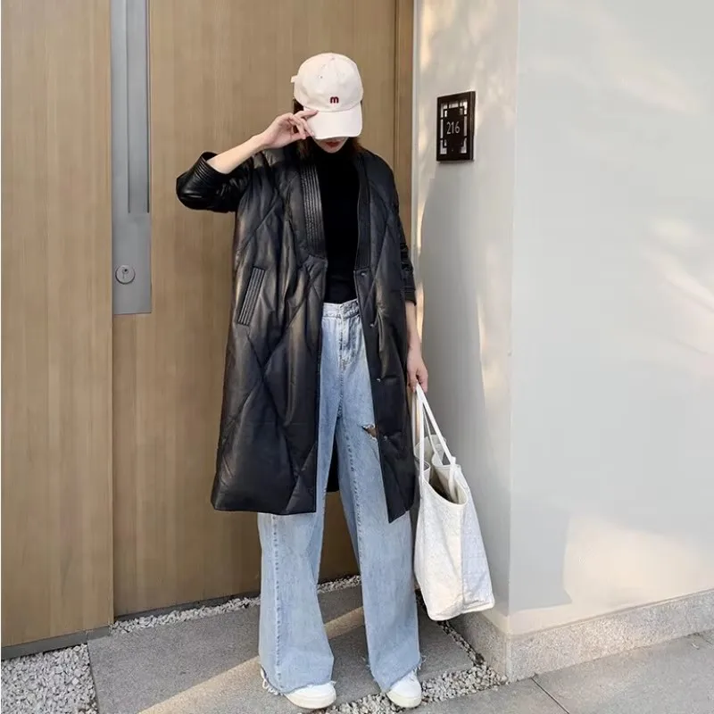 Harajuku Echtes Leder Unten Mantel Frauen Winter Mode Warme Mantel V-ausschnitt High Street Damen Casual Schaffell Lange Jacken