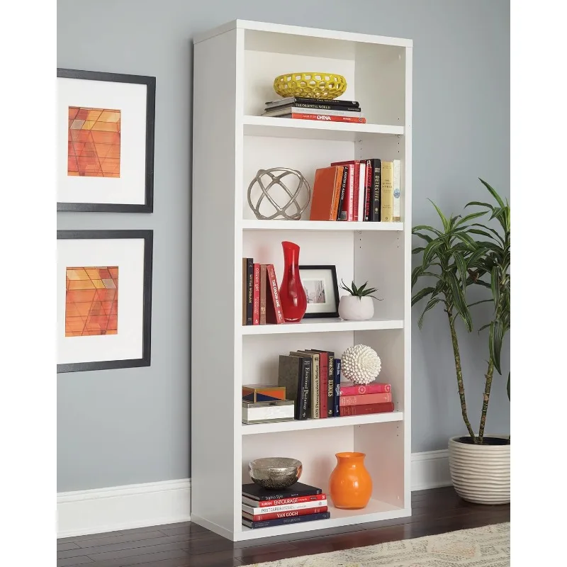 Bookshelf with 5 Shelf Tiers, Adjustable Shelves, Tall Bookcase Sturdy Wood with Closed Back Panel