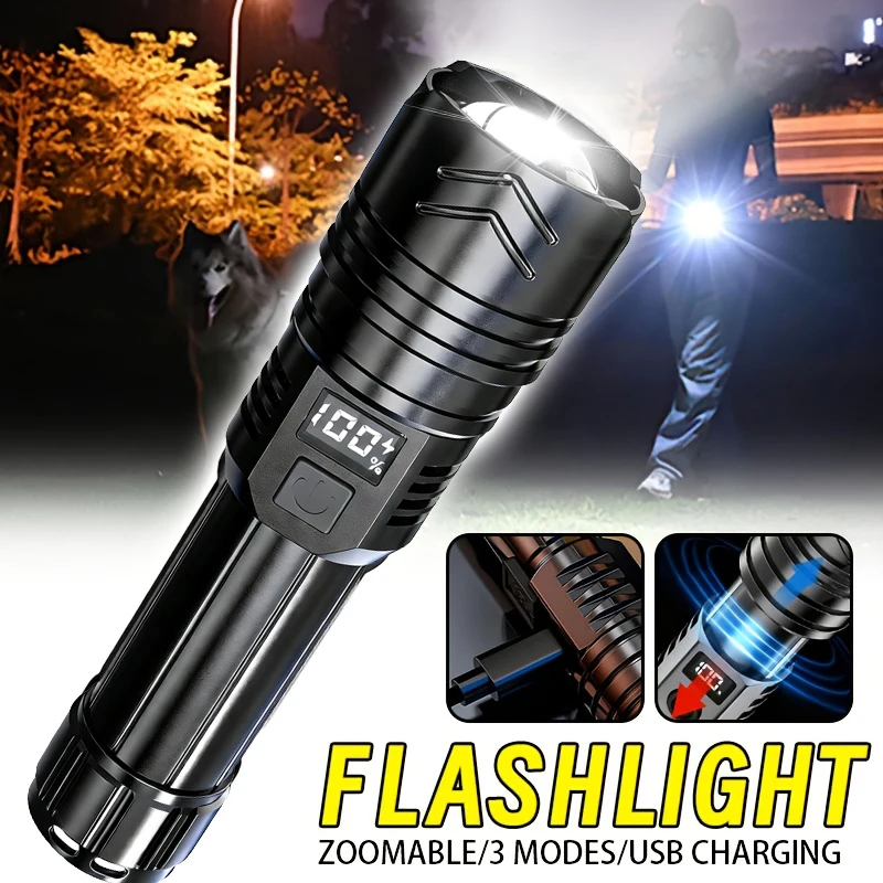 High Strong Power Led Flashlights 2000LM Tactical Torch with Display Light Rechargeable Camping Fishing Emergency Zoom Lantern