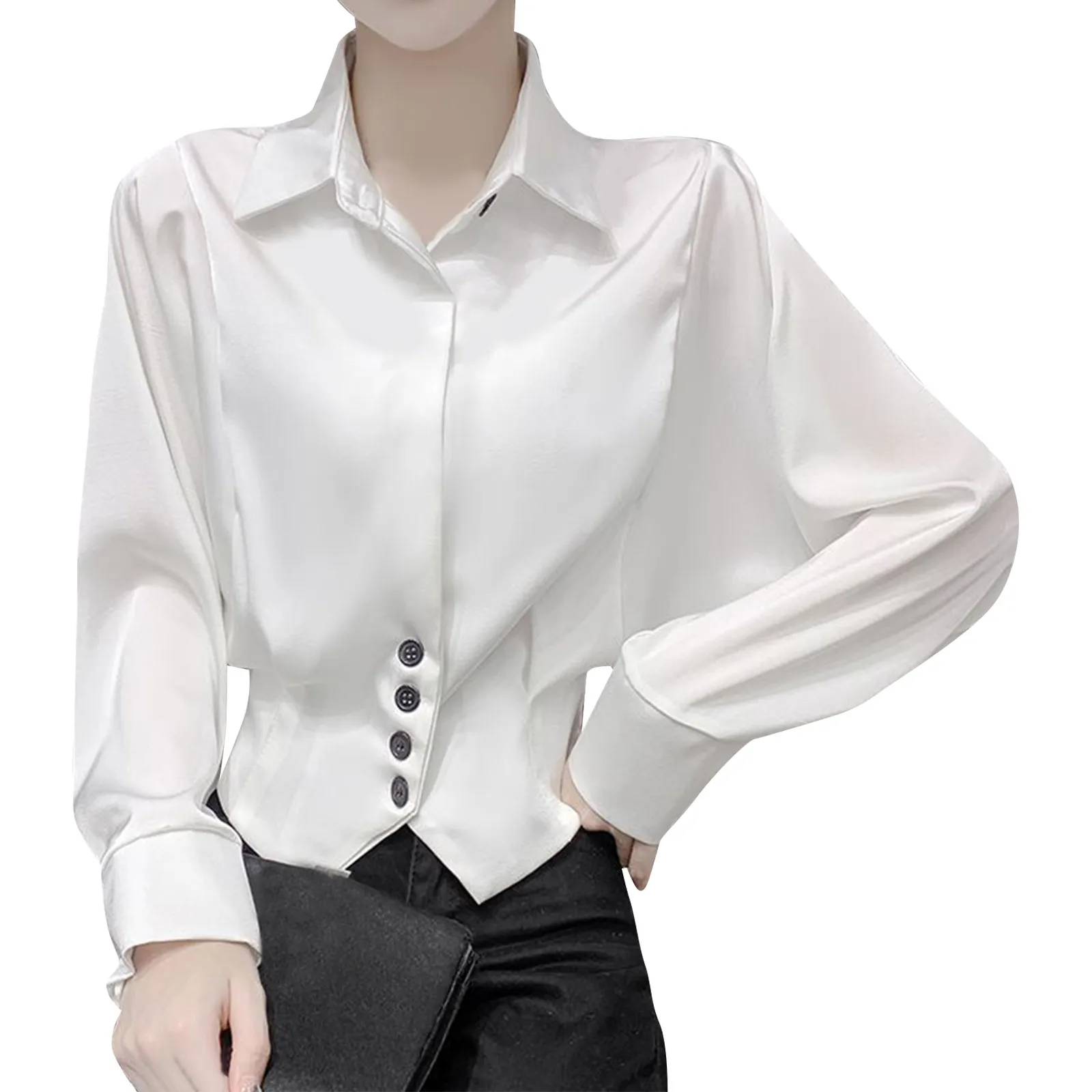 Western Style Chain Splicing Collar Chiffon Shirt For Women's Spring Temperament Versatile Short And Slim Fit Top With Buttons