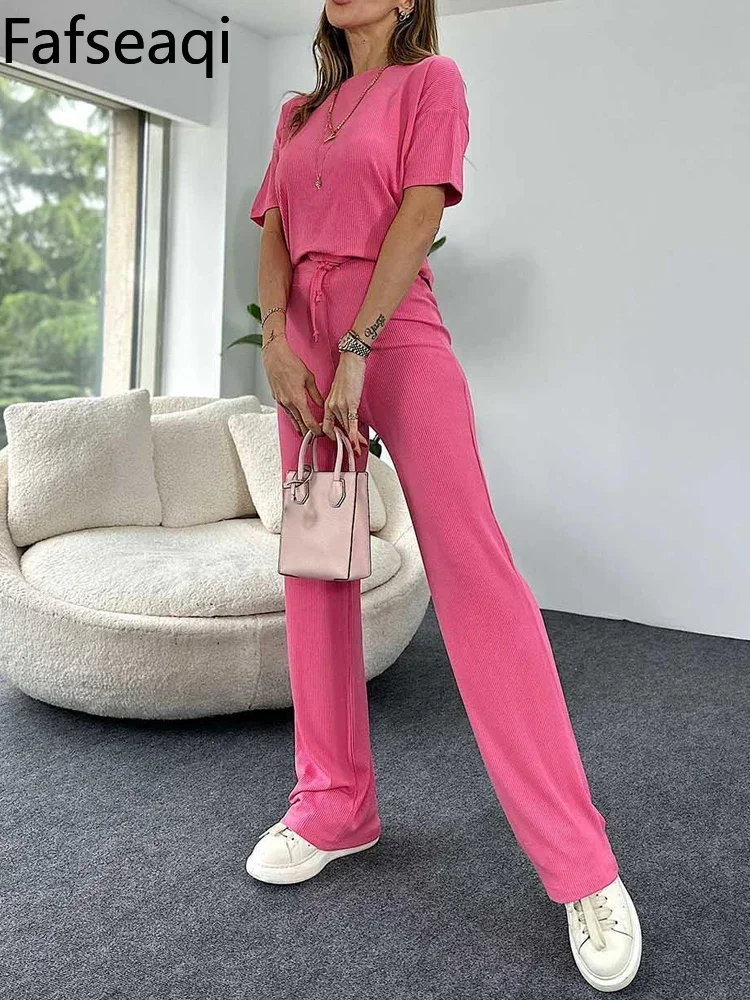 2024 Spring Women\'s Sports Suit Blue Short Sleeve T-shirt Tracksuit Two-piece Set Sagging Wide Leg Trouser Home Suit for Womens