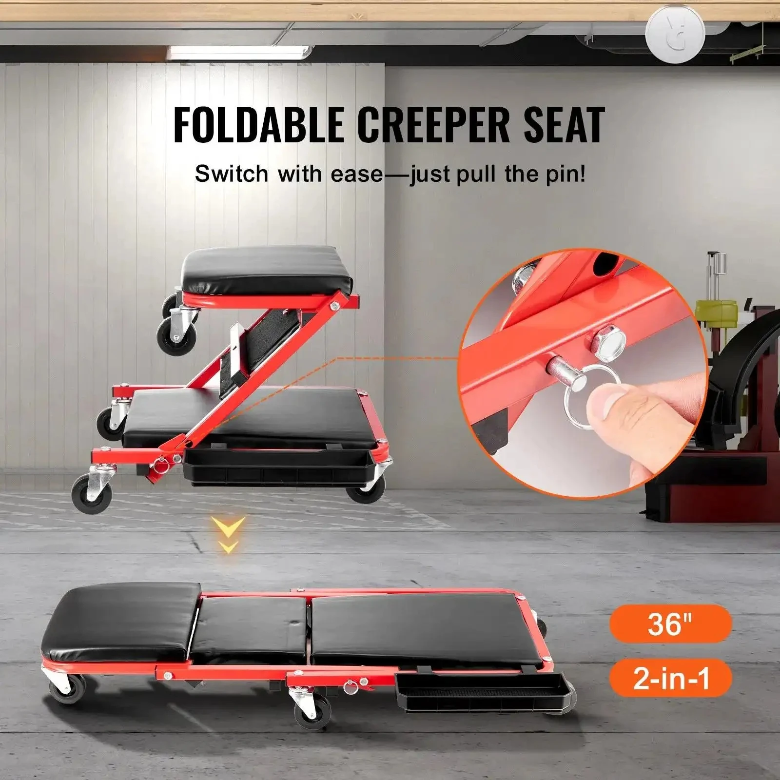 36 Inch Foldable Z-Shape Garage Creeper Auto Repair Mechanic Tool Rolling Seat 300lbs Load Capacity 6 Wheels Padded Steel Frame Lay Down Sit Chair with Tool Tray for Automotive Vehicle Shop Gadgets