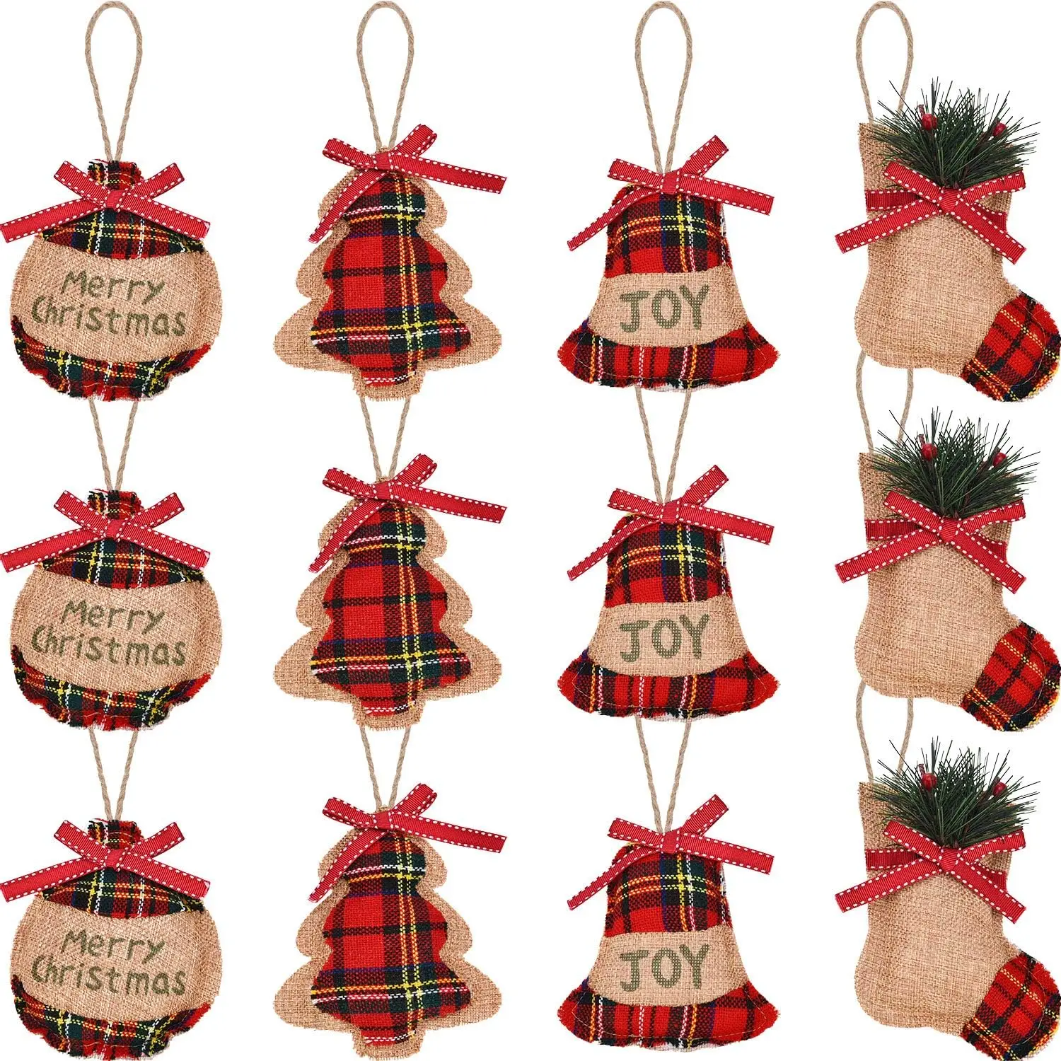 

Набор рождественских украшений в клетку буйвола из 12 предметов с дизайном из мешковины в деревенском стиле в клетку тартан для декора дерева в фермерском доме