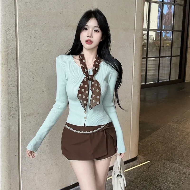 

European Korean Style Long Sleeve Knitted Base Layer Polka Dot Scarf Fashionable Versatile Women's Top Small Fragrance Style