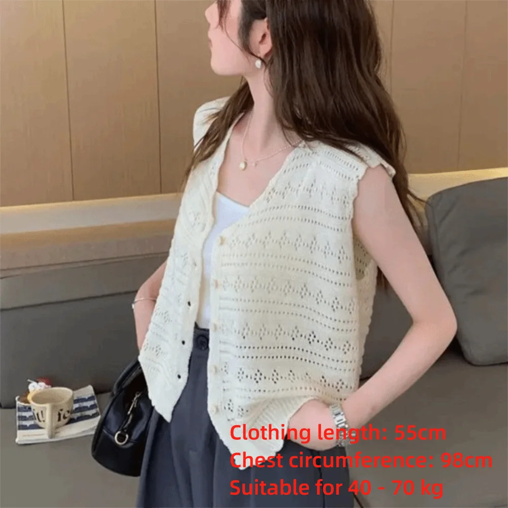 Modische, durchbrochene Strickjacke mit V-Ausschnitt, dünne, sonnenschützende Oberteile, ärmellose, lässige Oberbekleidung für Damen – Detail 1