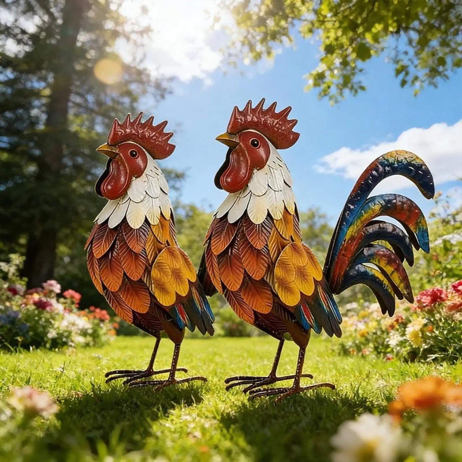 Vivid Rooster Garden Statue Iron Animal Sculpture Weatherproof Patio Figurine for Outdoor Decoration Garden