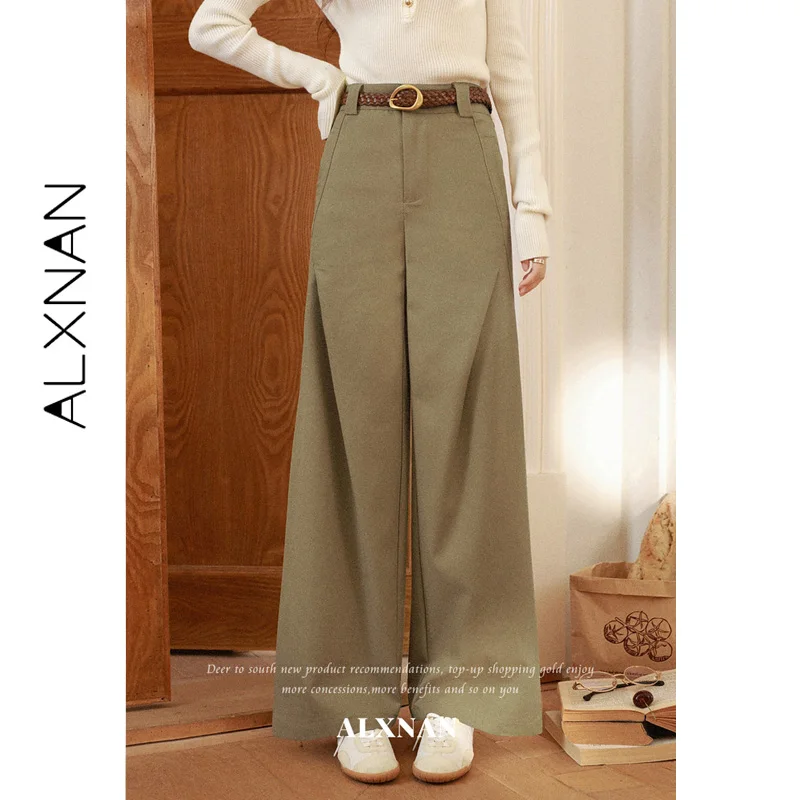 ALXNAN Coffee Pants High Waist Straight Wide Leg Draped Pants Vintage Elegant Casual Female Clothing 2026 New Fall L67629