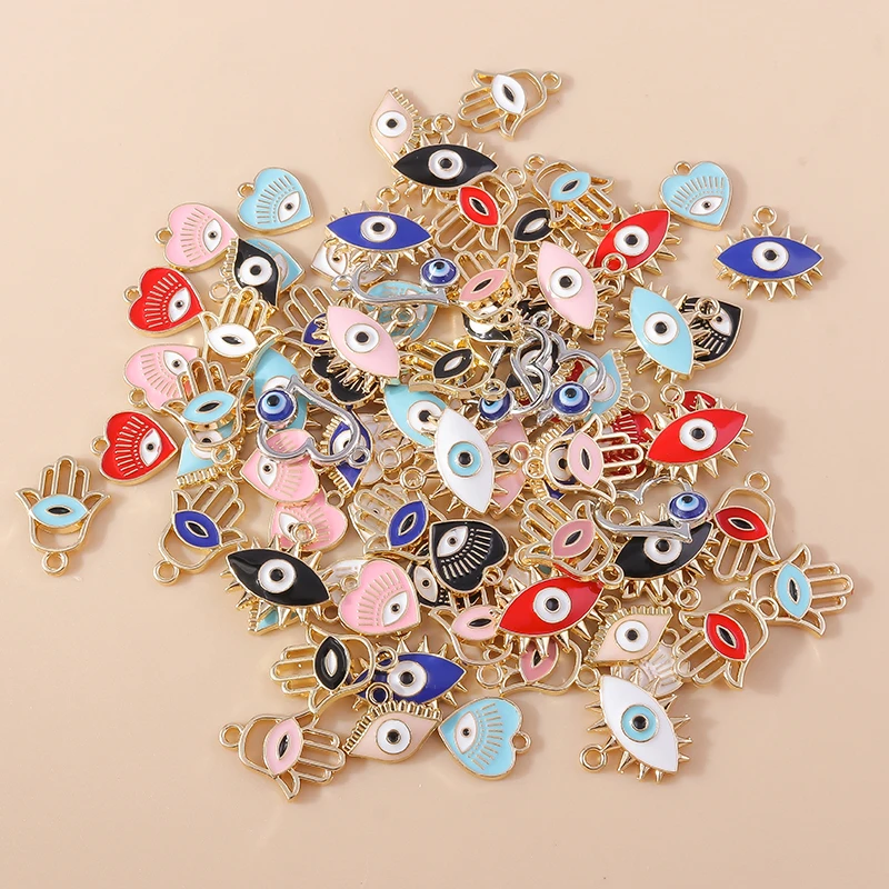 Leslie 10 Stück Türkische Augen-Anhänger, Emaille Hamsa Hand und Böser Blick Anhänger, Verbinder für Ohrringe, Armbänder, Halsketten, DIY Schmuck – Detail 4