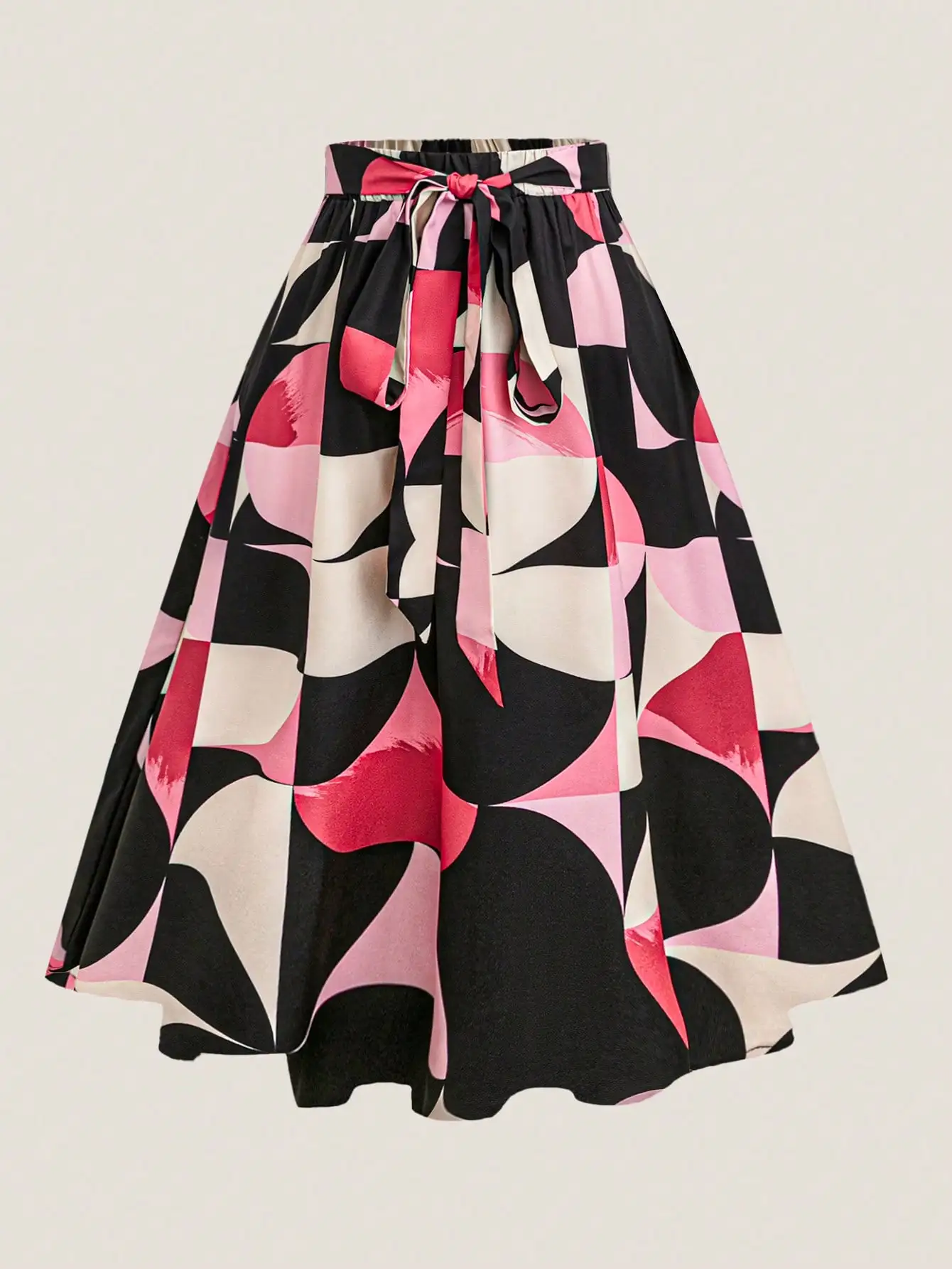 

Юбка миди для женщин больших размеров с геометрическим принтом и поясом, силуэт А-силуэт для повседневной носки и офиса