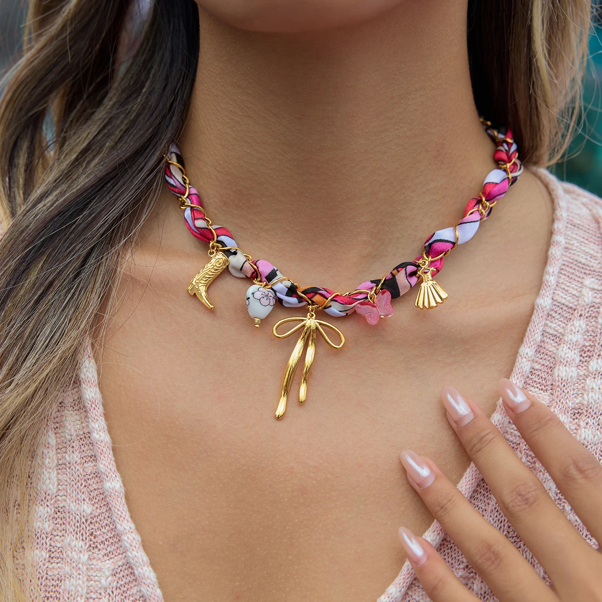 Zora Boots Bowknot Butterfly Dress Pendant Pink Printed Cotton Headscarf Necklace 18K Gold Color Plated Stainless Steel Jewelry